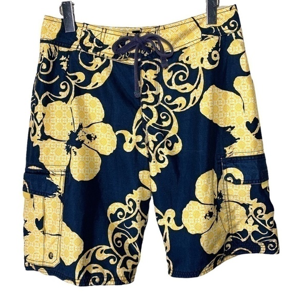 𝅺old Navy Swim Surf Board Cargo Style Shorts Hawaiian Vibes Navy Blue Yellow - Picture 1 of 10